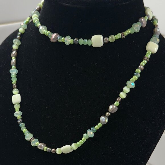 Stone and Cats Eye Glass Bead Necklace - Picture 3 of 5